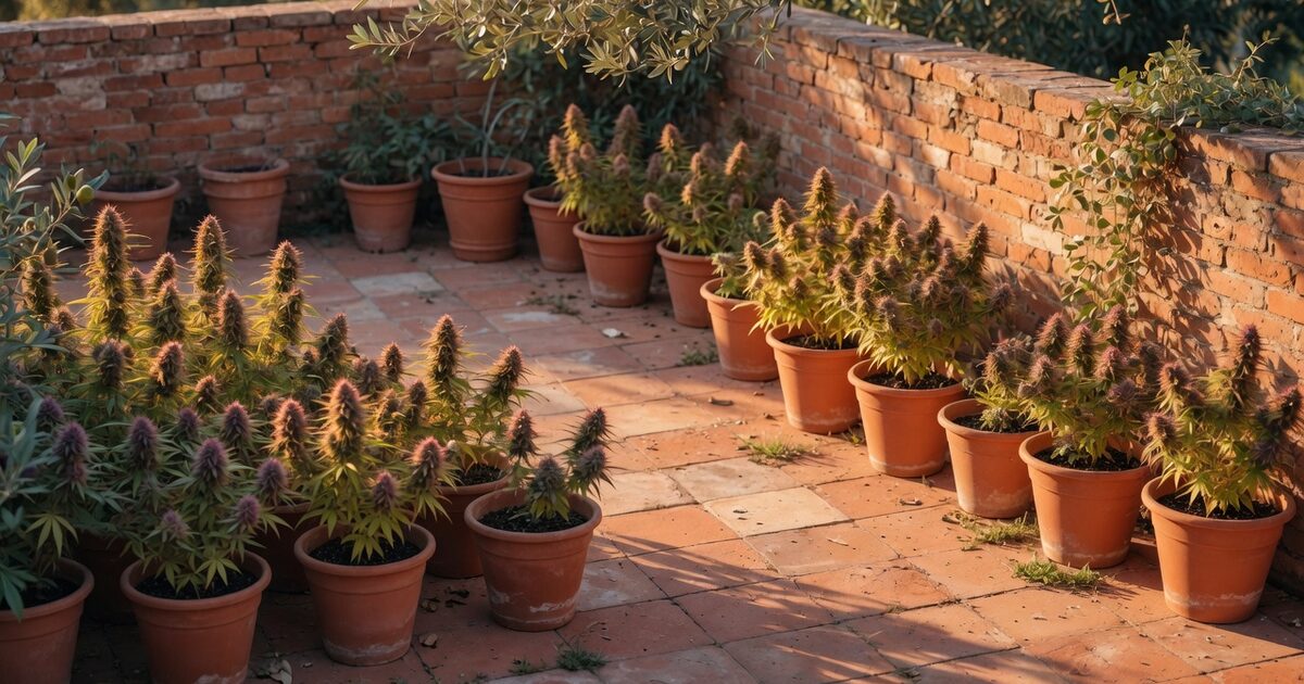 pothed.com — terracotta pots of cannabis on a sunlit patio.