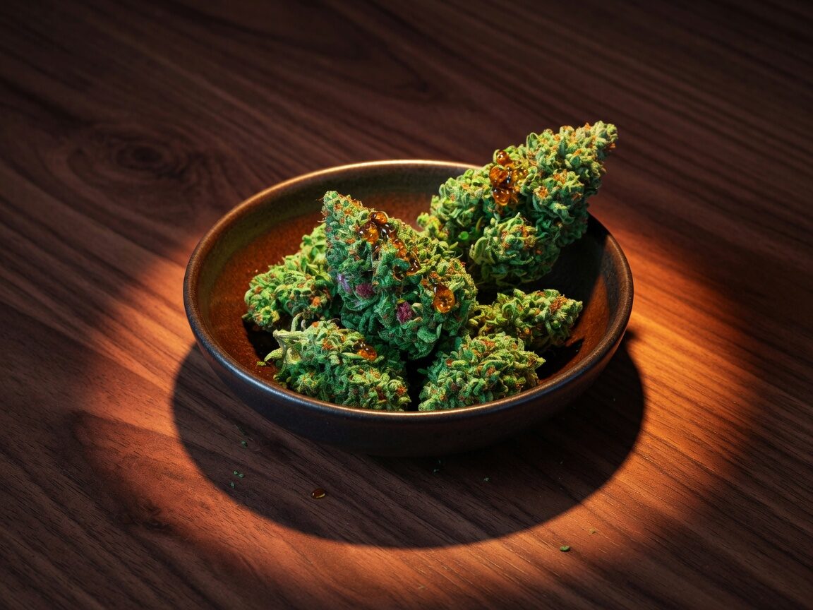 Cured cannabis flowers in a ceramic bowl on walnut, spotlight and amber resin.