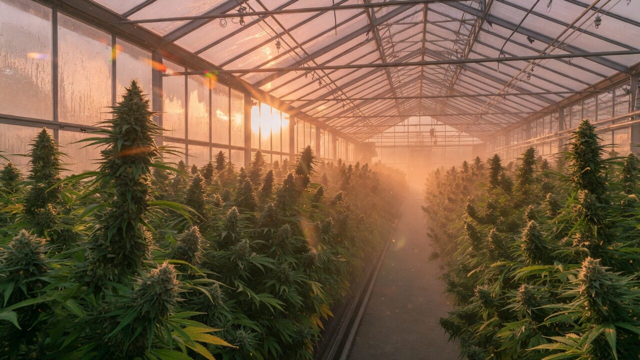 Cannabis greenhouse at sunset, tall flowering plants in long rows under a glass roof filled with gold haze.