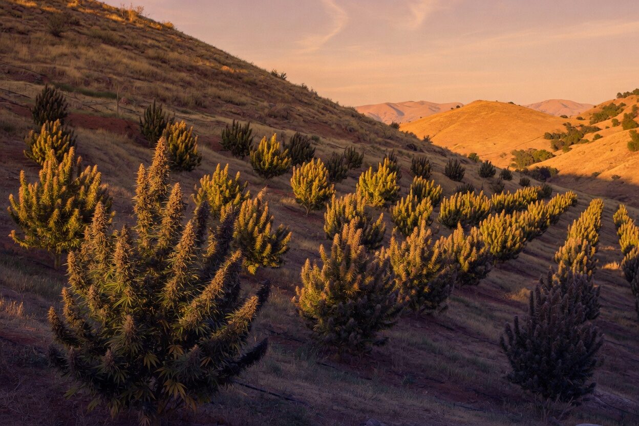 Outdoor cannabis garden on a gold hillside at late afternoon, plants in rows down the slope.