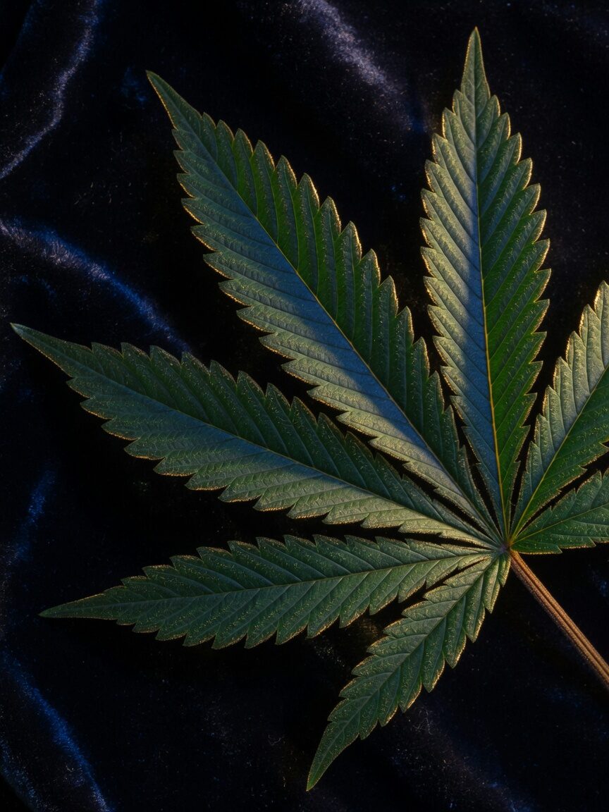Single cannabis fan leaf on dark velvet, gold rim light on the serrated edges.
