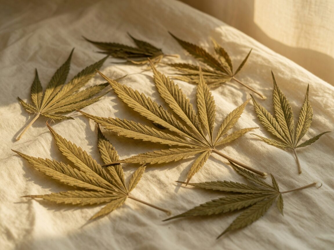 Dried cannabis leaves arranged on cream linen in warm window light.