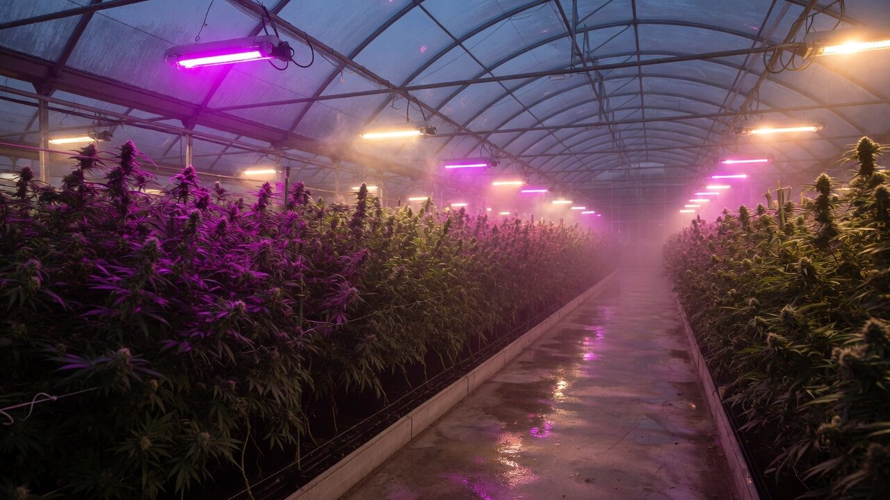 Greenhouse aisle at dusk under purple and amber grow lights, wet path reflecting the canopy.