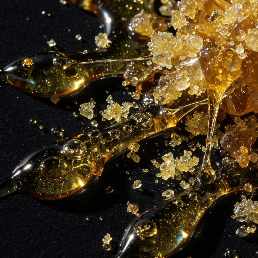 Close-up of golden cannabis resin and crystals on a black surface.
