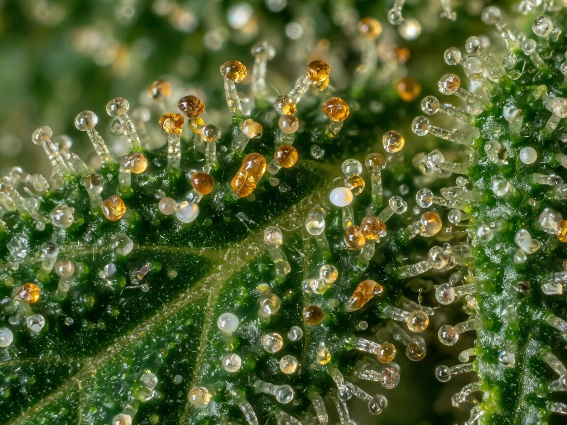 Macro of cannabis trichomes, clear and amber resin glands on a green leaf.
